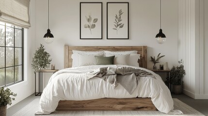 Modern Farmhouse Master Bedroom Design with White Walls, Sage Green Accents, Natural Linen Roman Blinds, Black Pendant Lights, and Nature-Inspired Art for a Cozy and Inviting Atmosphere