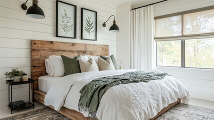 Modern Farmhouse Master Bedroom Design with White Walls, Sage Green Accents, Natural Linen Roman Blinds, Black Pendant Lights, and Nature-Inspired Art for a Cozy and Inviting Atmosphere