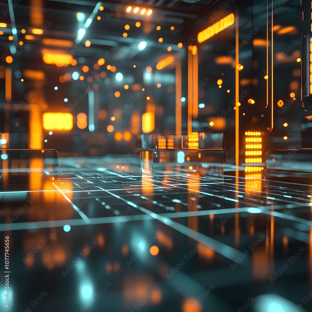 Poster 28. a futuristic 3d showcase with abstract floating elements, glowing grids, and ample open space fo