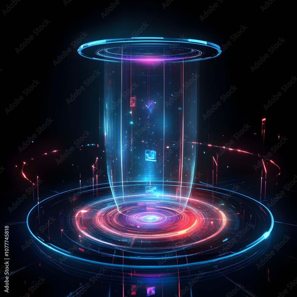 Aufkleber 29. a dynamic 3d space with rotating holograms, glowing edges, and vertical space for showcasing a p