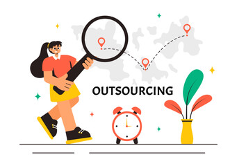 Outsourcing Business Vector Illustration featuring of the Teamwork, Company Growth, Investment, and Project Delegation, displayed in a Background