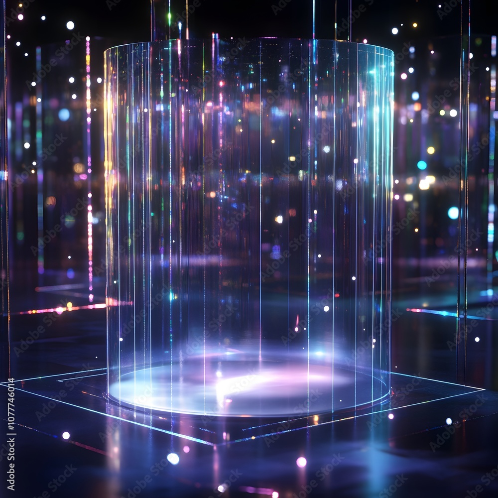 Poster 29. a dynamic 3d space with rotating holograms, glowing edges, and vertical space for showcasing a p