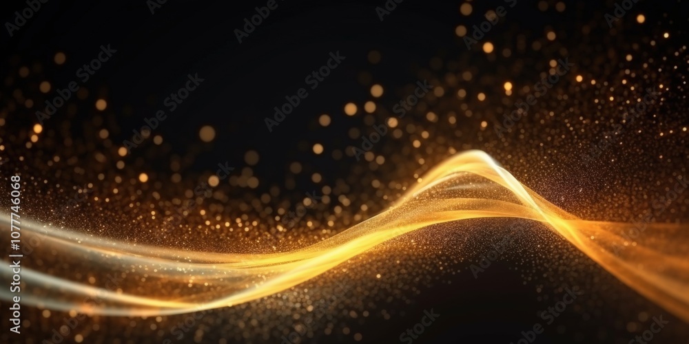 Poster digital gold particles wave and light abstract background with shining floor particle stars dust. fu
