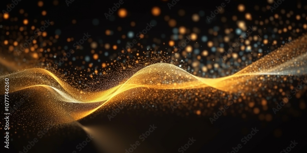 Aufkleber digital gold particles wave and light abstract background with shining floor particle stars dust. fu