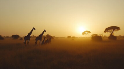 Silhouetted Giraffes Against a Warm Sunset Glow