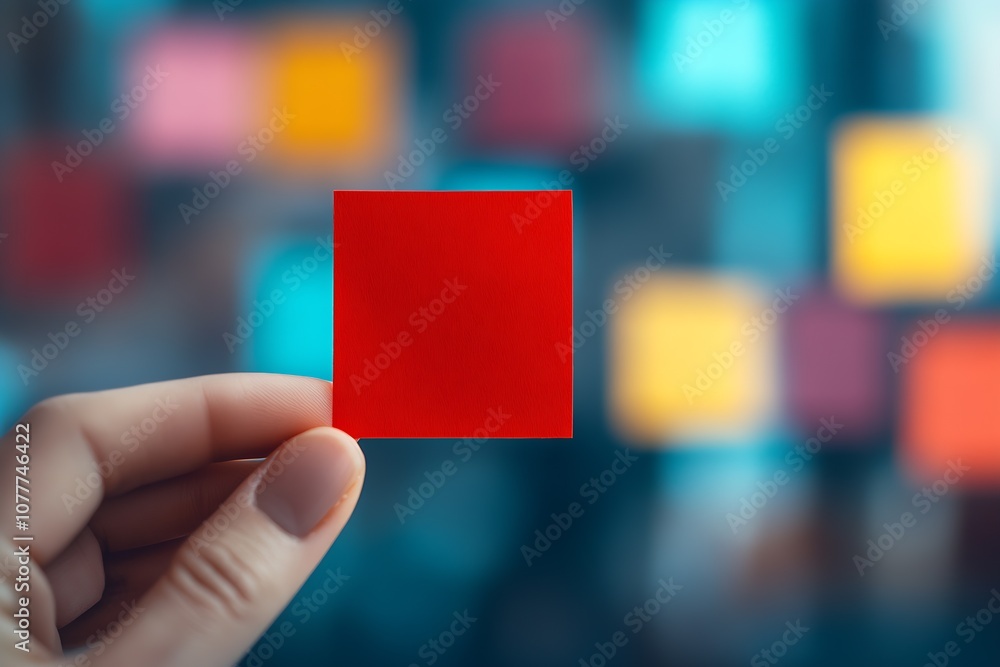 Poster Hand Holding Red Square Paper with Colorful Blurred Background in Modern Abstract Art Scene : Generative AI