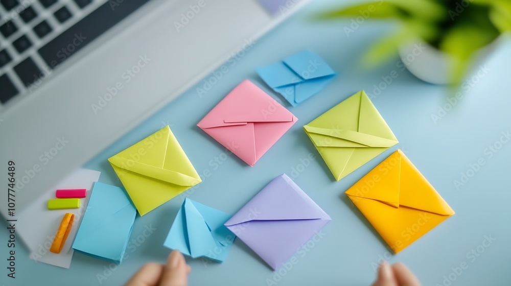 Poster Multicolored Envelopes on Office Desk with Plants Laptop and Stationery Items : Generative AI