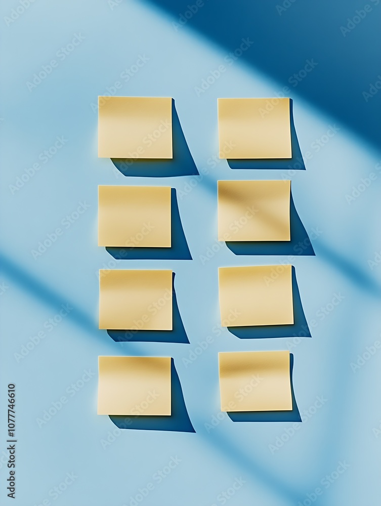 Poster Symmetrical Arrangement of Eight Yellow Sticky Notes on Blue Background with Shadows : Generative AI