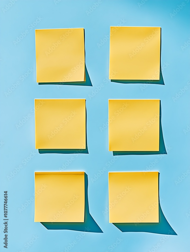 Poster Six Yellow Sticky Notes on Blue Background Minimalist Artistic Display : Generative AI