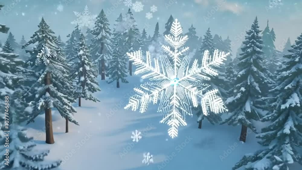 Poster sparkling snowflake gliding through a snow-covered forest landscape generative ai