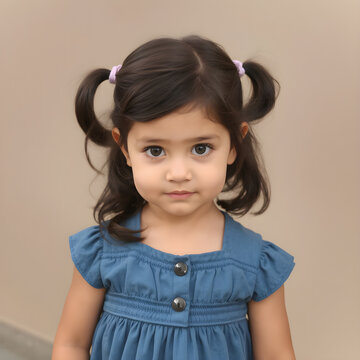 Peque&ntilde;a princesa en vestido azul con cabello oscuro y coletas.