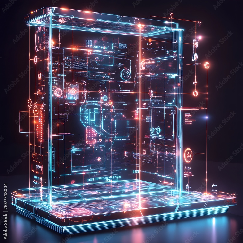 Poster 35. a futuristic 3d display with rotating digital grids, glowing accents, and vertical space for a p