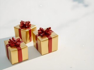 Fototapeta premium Golden Gifts and Gift Boxes with Red Ribbon Wrapping, Elegant Holiday or Celebration Presents with Festive Wrapping and Ribbon Accents