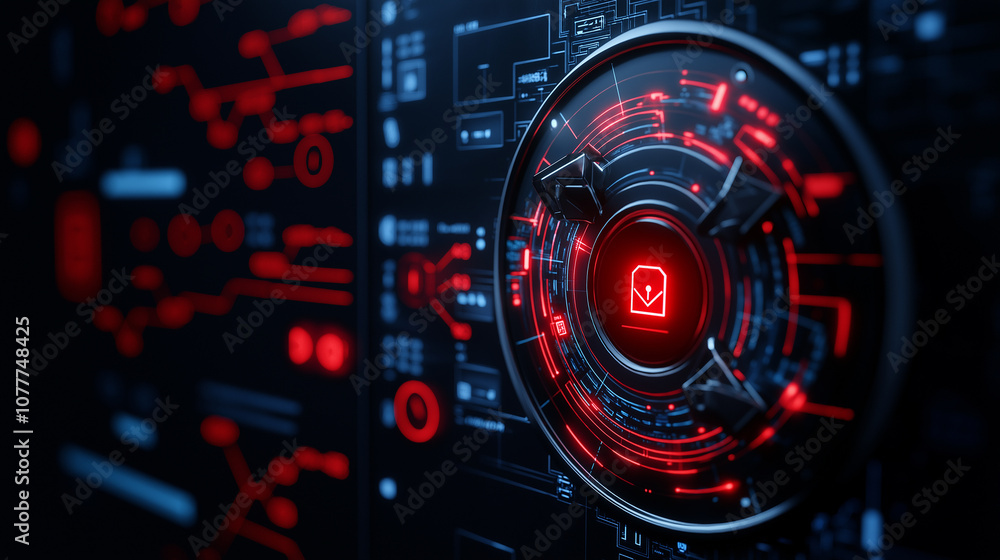 Aufkleber close up of futuristic authentication device with glowing red elements, showcasing intricate digital