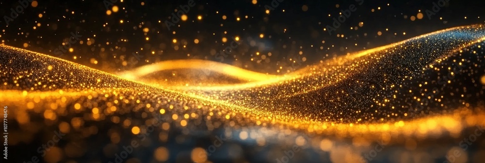 Poster digital gold particles wave and light abstract background with shining floor particle stars dust. fu