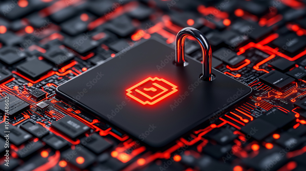 Poster digital security program symbolizing protection and technology, featuring lock on circuit board back