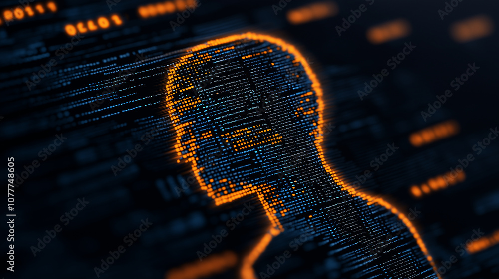 Poster digital silhouette representing AI and data security, showcasing futuristic concept of technology and protection. glowing lines symbolize information flow and security measures