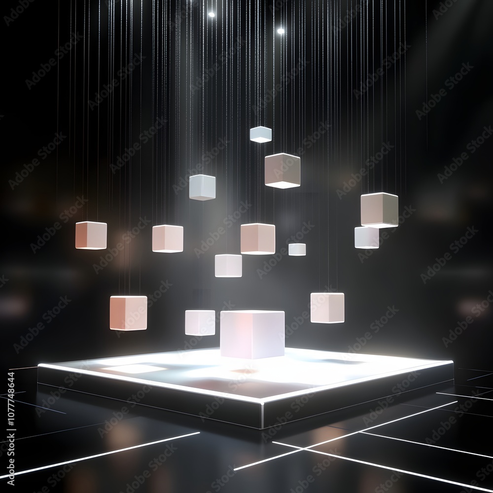Aufkleber 37. a dynamic 3d stage with floating cubes, soft lighting effects, and ample vertical space for a pr