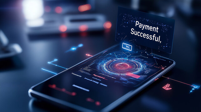 Digital payment screen on smartphone displaying successful transaction notification, showcasing modern technology and secure payment methods