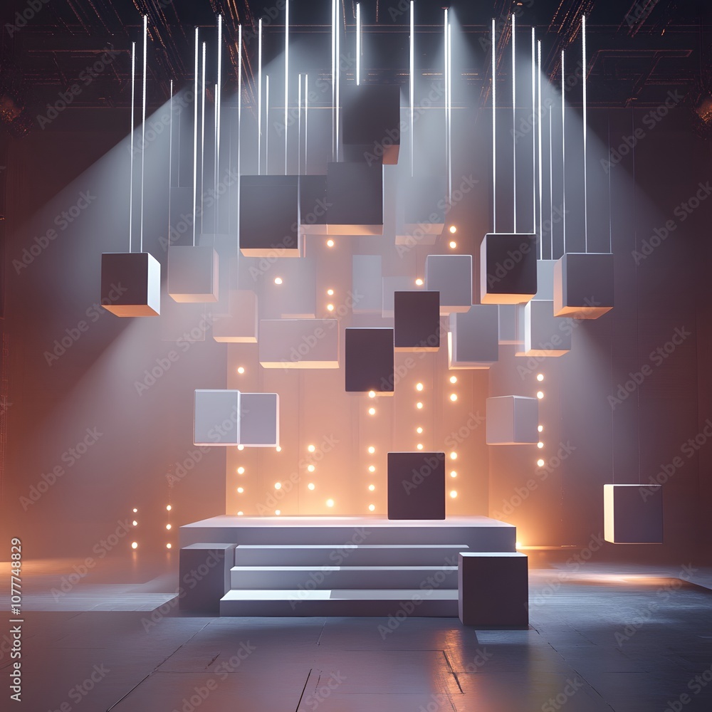 Poster 37. a dynamic 3d stage with floating cubes, soft lighting effects, and ample vertical space for a pr