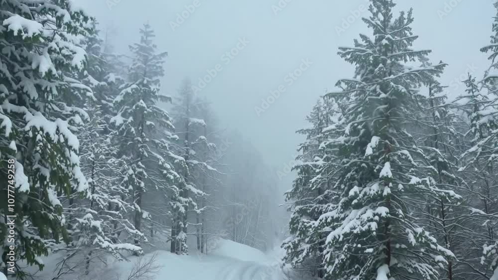 Poster exploring a snowy path under trees during a winter blizzard generative ai