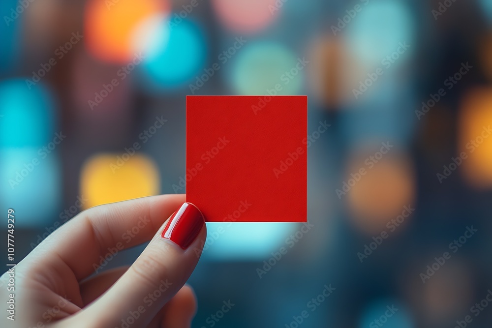 Aufkleber Vibrant Red Square and Hand with Painted Nails against Colorful Out of Focus Background : Generative AI