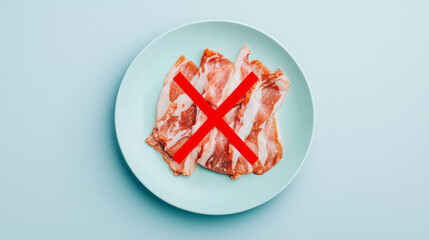 plate of fatty processed meats with red cross symbolizing unhealthiness. This highlights importance of healthy eating choices