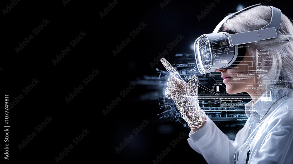 Poster immersive virtual reality experience with person using vr headset, interacting with digital elements