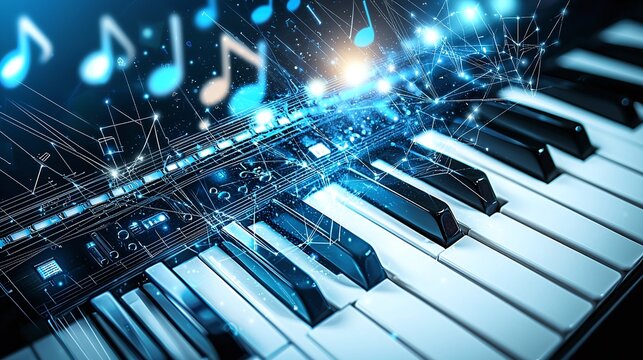 Piano Keys with Abstract Blue Glowing Music Notes