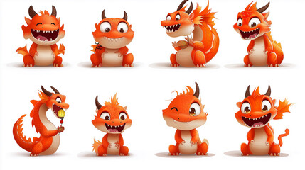 Obraz premium Cute orange dragons with various expressions and poses, showcasing playful and friendly features. These adorable creatures are perfect for children illustrations or animations