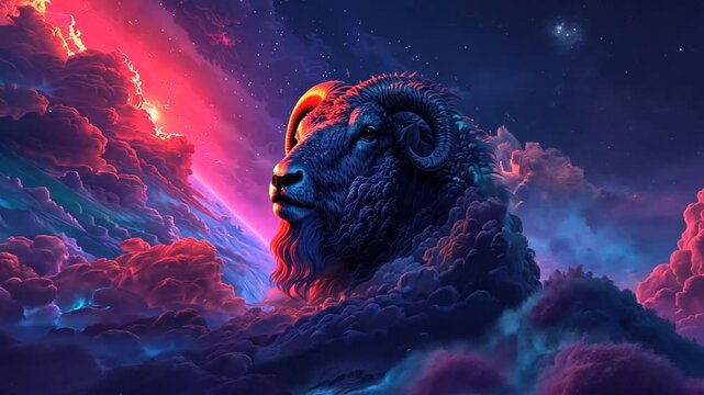 A striking ram's head emerges from vibrant, swirling clouds illuminated by rich colors, set against a deep cosmic background filled with stars