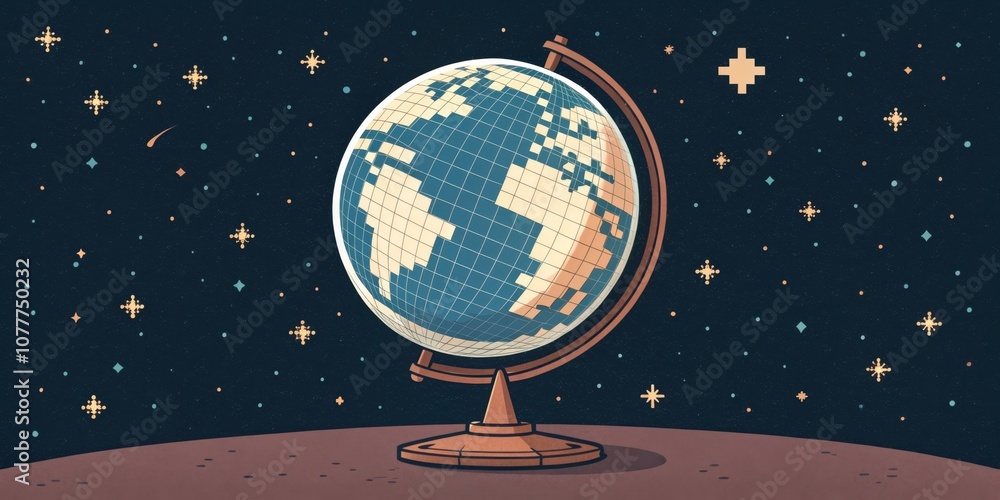 Poster oldschool rotating planet a retrostyled spinning globe rendered in chunky pixels floats serenely on 