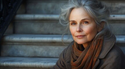 Naklejka premium Middle-Aged Woman in Thoughtful Reflection Sitting on Library Steps, with Soft Wrinkles and Subtle Grey Hairs, Gentle Sunlight Casting Shadows in Realistic Portrait Style for a Quiet and Nostalgic Moo