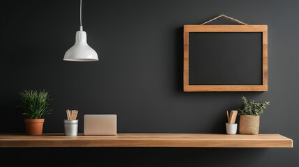 modern workspace featuring wooden shelf, laptop, plants, and blank frame. minimalist design creates calm and organized atmosphere, perfect for productivity