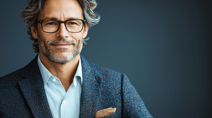 confident man with gray hair and glasses, wearing stylish blazer and shirt, exuding professionalism and charm