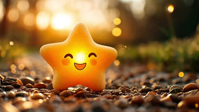 Cute glowing star toy with a smile in a natural outdoor setting. The concept of happiness, warmth, and playful charm.