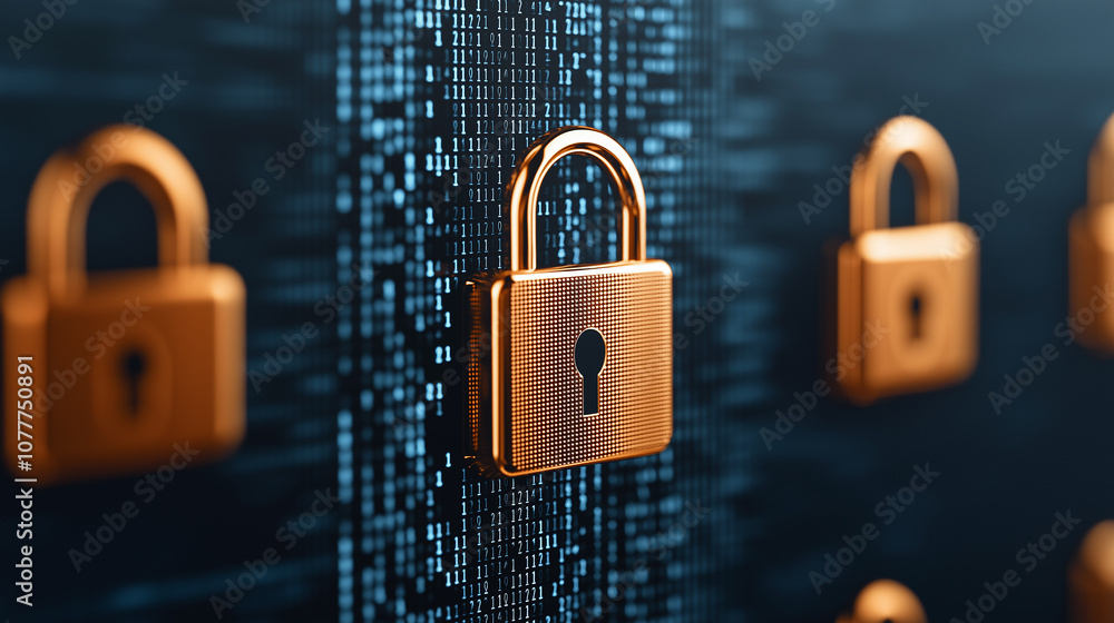 Aufkleber visualization of digital security with golden locks on binary background, representing advanced protection and AI enhanced firewall defenses