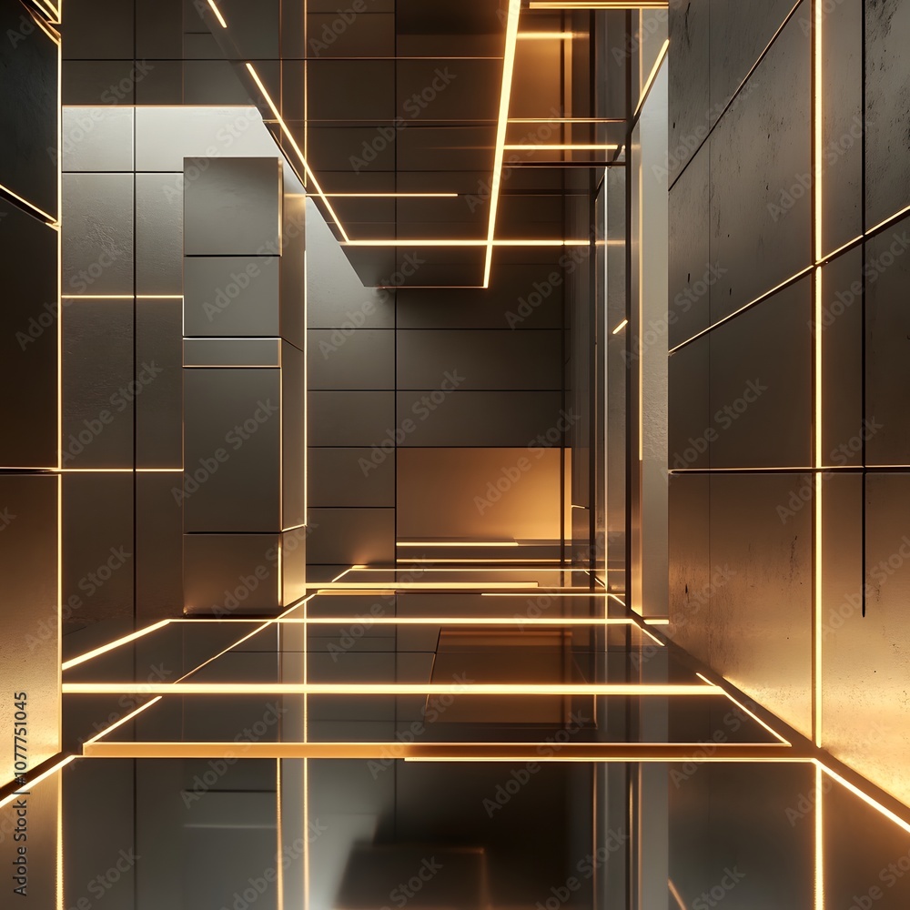 Aufkleber 12. a dynamic 3d space with floating geometric panels, glowing lines, and an ample vertical space fo