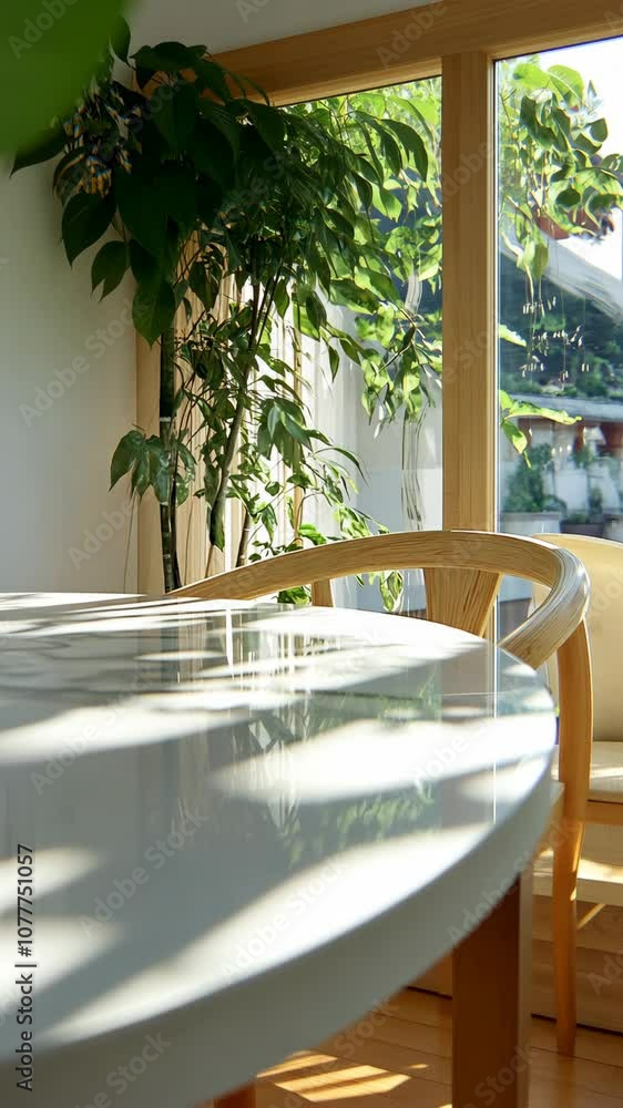 Poster sunlight streams through a window, casting shadows on a white table in a modern dining room