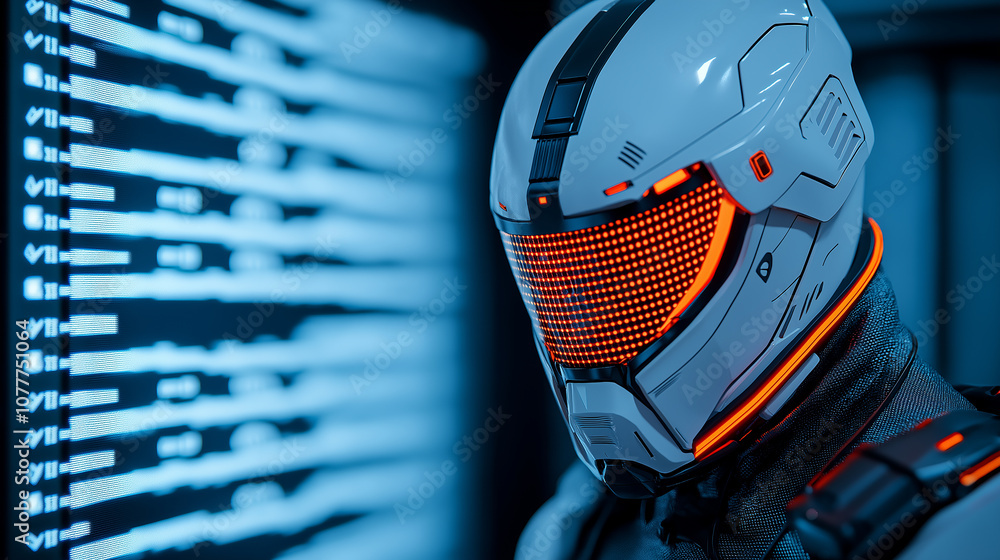 Poster futuristic robot with illuminated helmet in high tech environment, showcasing advanced technology an
