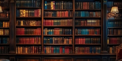 Classical library room with old books on shelves. Bookshelves in the library. Large bookcase with lots of books.	
