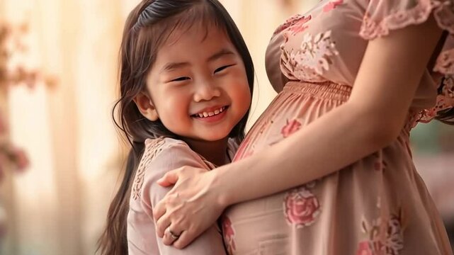 Chinese girl smiling and embracing her mother&rsquo;s baby bump. Concept of anticipation and sibling love before birth.