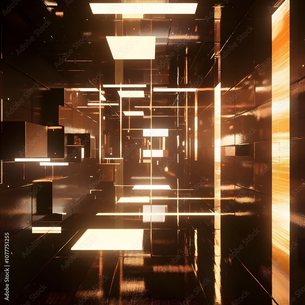Aufkleber 12. a dynamic 3d space with floating geometric panels, glowing lines, and an ample vertical space fo