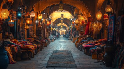 Vibrant market corridor filled with textiles and lanterns.