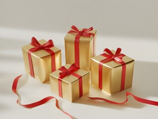 Obraz premium Golden Gifts and Gift Boxes with Red Ribbon Wrapping, Elegant Holiday or Celebration Presents with Festive Wrapping and Ribbon Accents