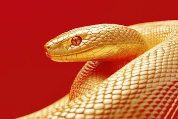 Fototapeta premium Close-up of a Golden Snake with a Red Eye on a Red Background