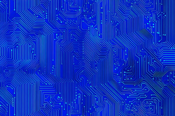 Close-up of a glowing neon circuit board pattern, showcasing intricate lines and electronic pathways in a vibrant blue hue