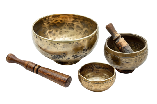 Tibetan singing bowls in a peaceful setting for sound therapy, meditation, and relaxation in a serene and tranquil atmosphere