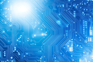 Close-up of a glowing neon circuit board pattern, showcasing intricate lines and electronic pathways in a vibrant blue hue