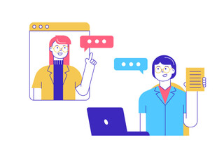 Businesswoman is negotiating with client. Online business illustrations. Flat vector illustration.